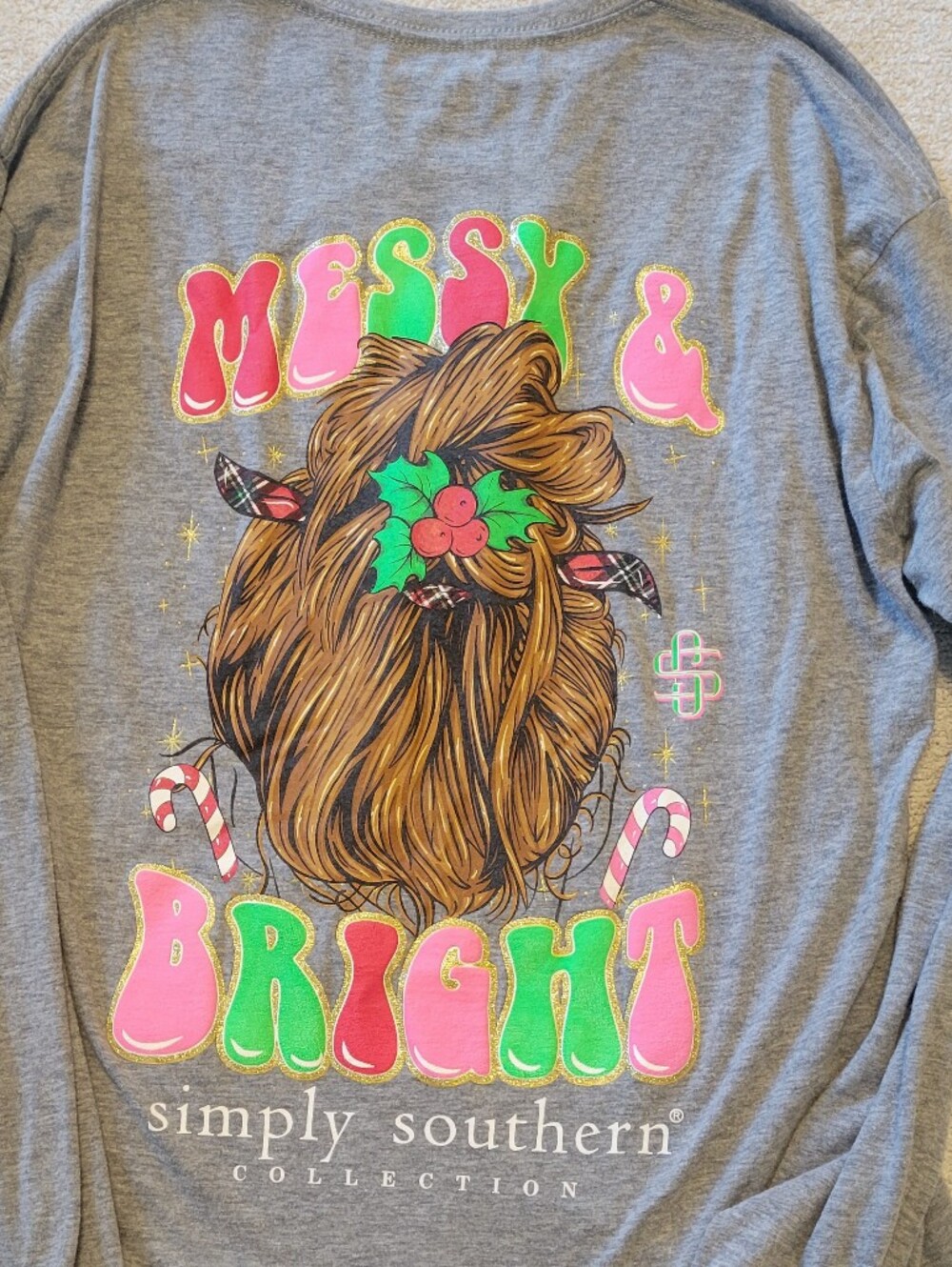 Simply Southern Girls' Gray Long Sleeve Tee with Festive Tree Graphic